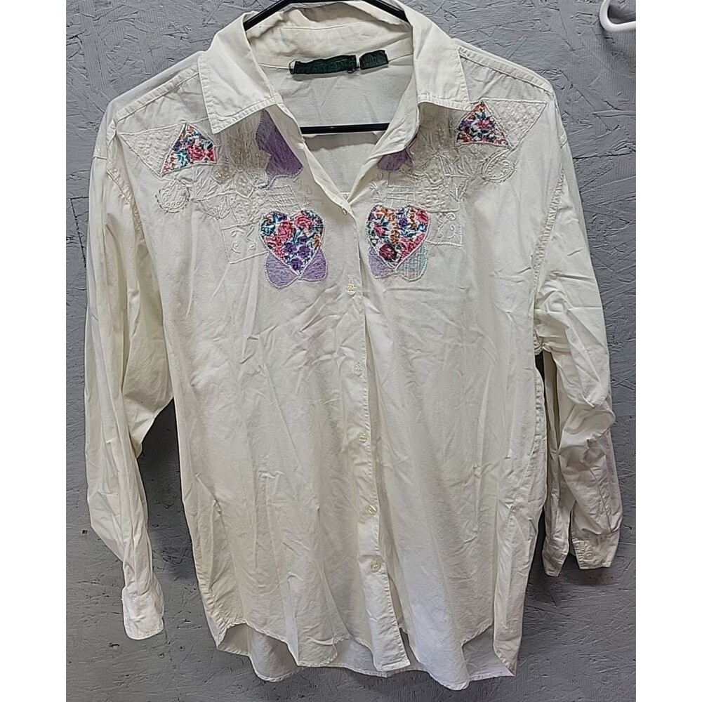 Vtg Glenville Road Shirt sz M Flowers heart Western Cowgirl button‎ up